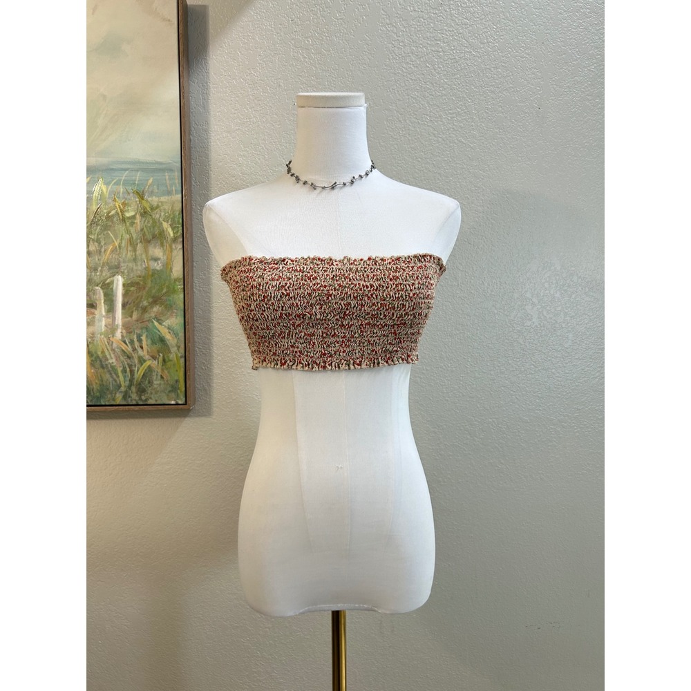 Brandy Melville Floral Smocked Tube Top Red Green Cream Strapless Crop Top